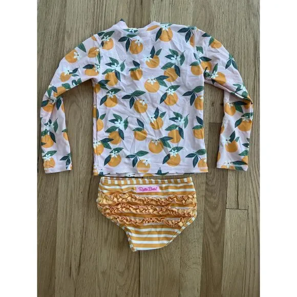 Ruffle Butts Orange Pink Striped Floral 2 Peice Rash Guard Size 6 - Picture 2 of 4